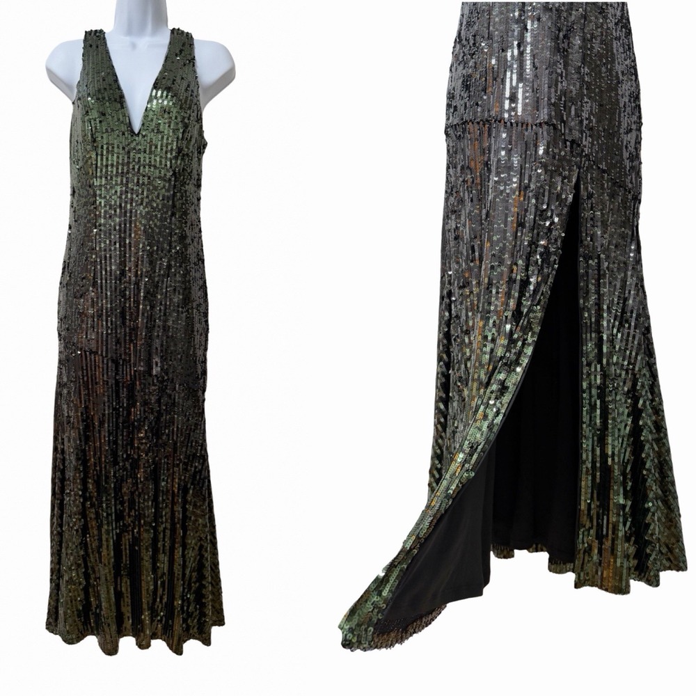 Bob Mackie Ombre Sequin Evening Maxi Dress Size 4 Green Occasion Event Gown